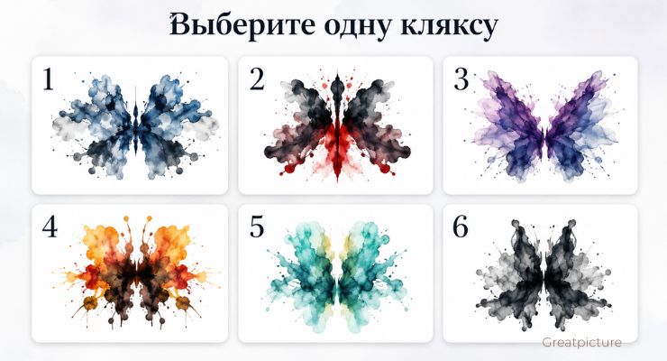 Шесть пронумерованных карточек с кляксами для выбора в психологическом тесте.