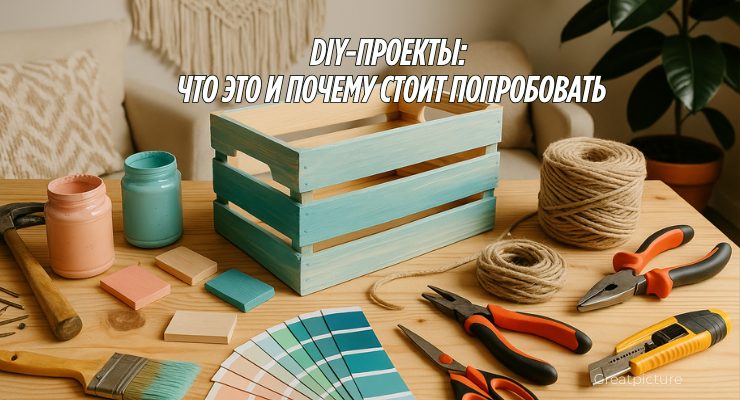Стол с материалами для DIY: деревянный ящик, банки с пастельной краской, кисть, цветовые образцы, кусочки дерева