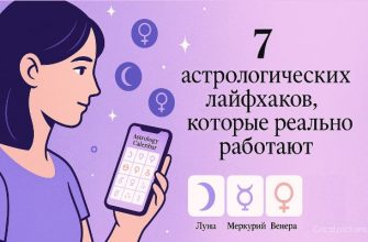 Девушка смотрит в астрокалендарь на фоне неба с мягкими оттенками и символами планет.