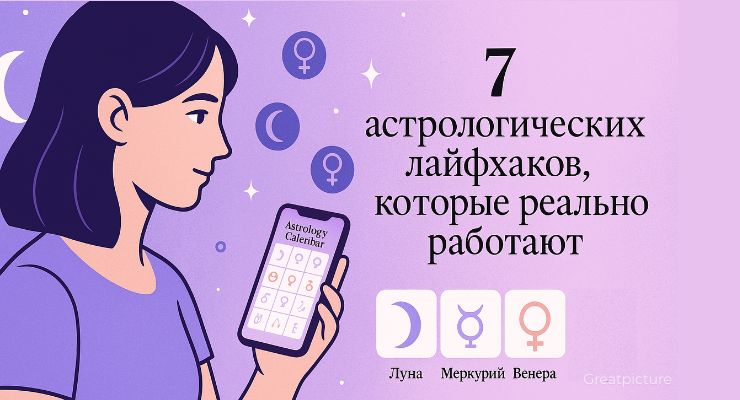 Девушка смотрит в астрокалендарь на фоне неба с мягкими оттенками и символами планет.