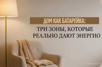 Обложка «Дом как батарея» с торшером, креслом и пледом.