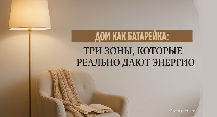 Обложка «Дом как батарея» с торшером, креслом и пледом.