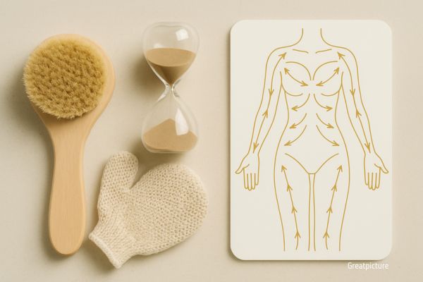 Инструменты для лимфодренажа: щётка, перчатка и направления движения.