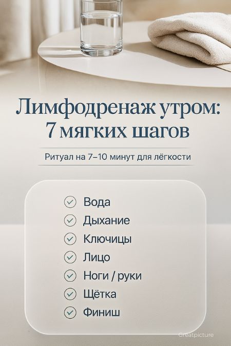 Pinterest-пин с ритуалом утреннего лимфодренажа из 7 мягких шагов.