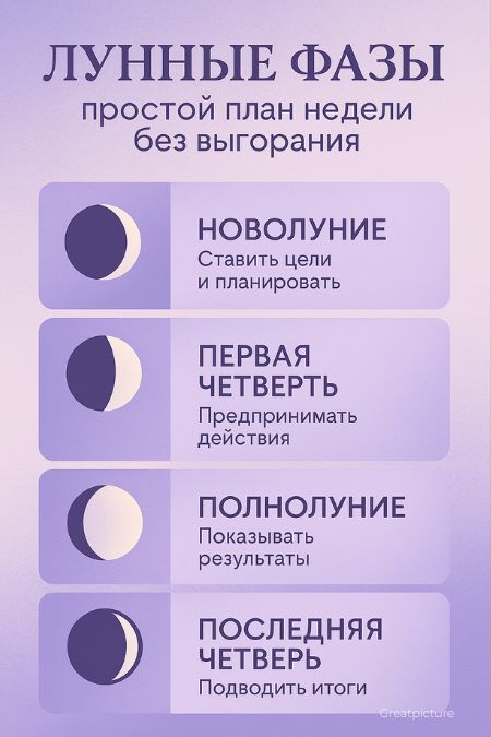 Вертикальный пин «лунные фазы» с четырьмя шагами цикла и короткими подсказками.