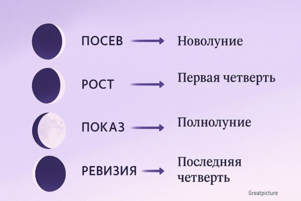 Таблица соответствий лунных фаз и типов задач на неделю.