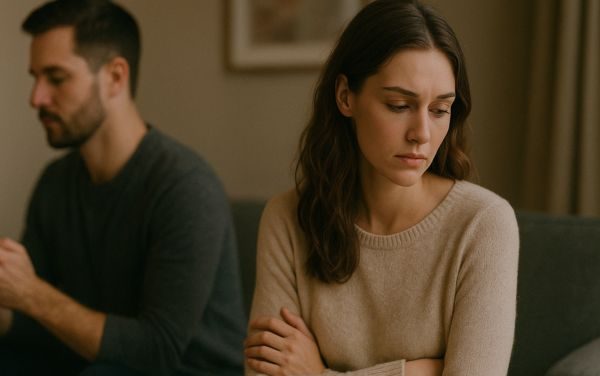 Мужчина отвлечён, женщина чувствует одиночество в отношениях.