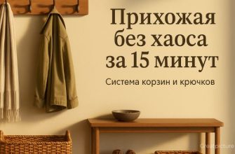 Уютная прихожая с крючками, корзиной и «точкой сбора» в тёплом свете.