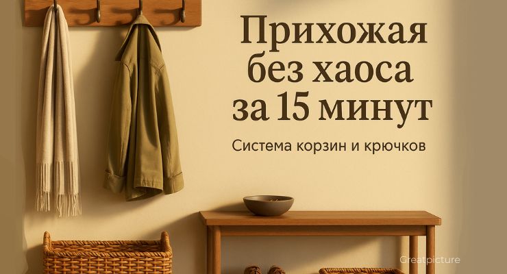 Уютная прихожая с крючками, корзиной и «точкой сбора» в тёплом свете.