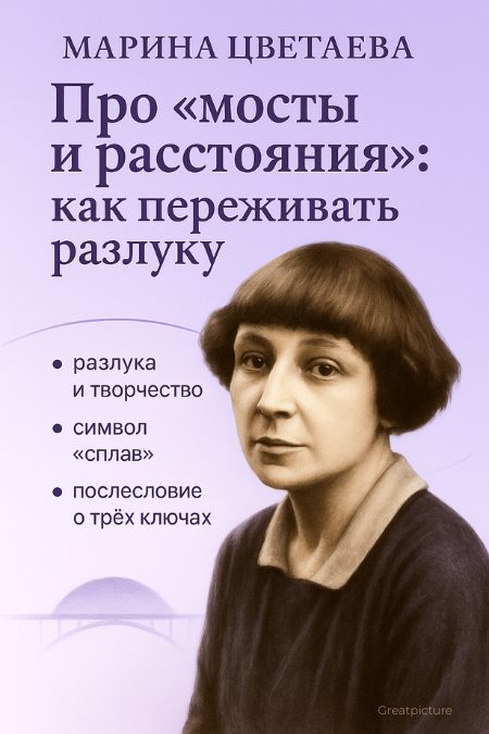 Портрет Марины Цветаевой на лиловом фоне и заголовок статьи о «мостах и расстояниях», как переживать разлуку.