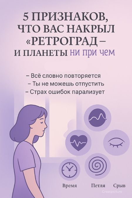 Пин с пятью тревожными признаками ретроградного мышления и метафорическими символами.