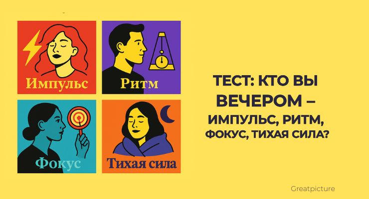 Поп-арт обложка теста «Кто вы вечером» с четырьмя профилями и яркими иконками.