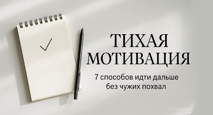 Обложка «Тихая мотивация» с блокнотом и одной галочкой.
