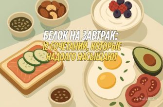 Белковый завтрак с йогуртом, яйцами, тостами и ягодами на светлом столе.