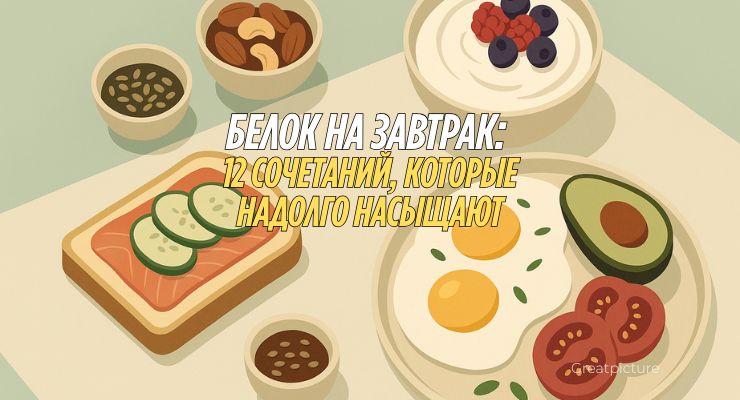 Белковый завтрак с йогуртом, яйцами, тостами и ягодами на светлом столе.