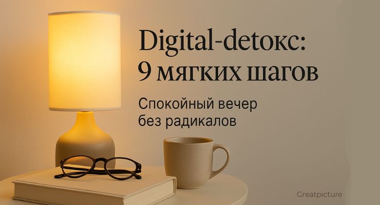 Тёплая лампа, книга и кружка на прикроватном столике в мягком свете.