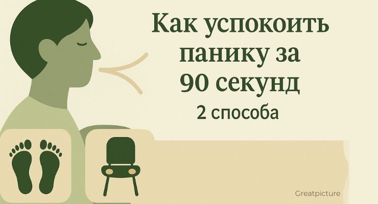 Минималистичная иллюстрация двух шагов, как успокоить панику за 90 секунд.