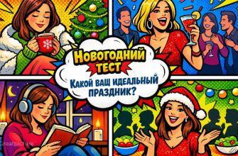 Поп-арт иллюстрация с четырьмя новогодними сценами и надписью Новогодний тест какой ваш идеальный праздник