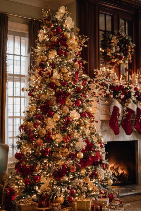 Красно-золотой декор елки в год Огненной лошади.