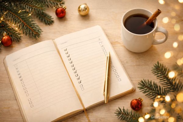 Блокнот с чек-листом подготовки к Новому году без стресса на деревянном столе с гирляндой