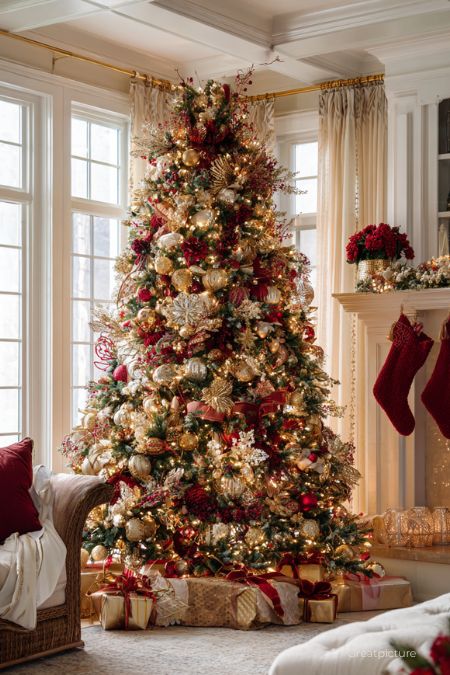 Яркая елка с пуансеттиями в год Огненной лошади.