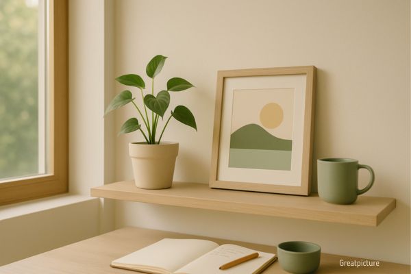 Спокойный уголок для глаз: окно, рамка, растение и кружка на полке.