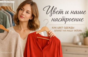 Женщина выбирает цвет одежды у открытого шкафа и думает о настроении на день