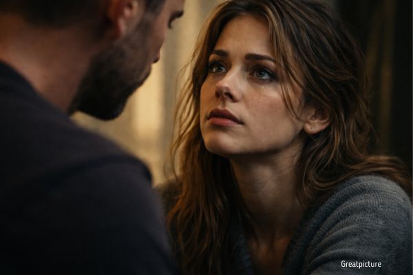 Женщина смотрит на мужчину с болью и напряжением во взгляде — разговор на грани, тема разрыва и потери уважения в отношениях.