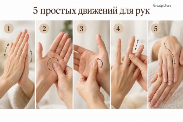 Пять последовательных движений для бережного самомассажа рук