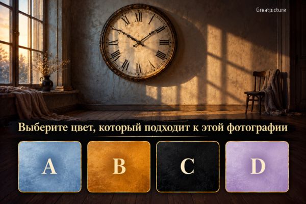 Часы в пустой комнате и четыре цвета для психологического теста.