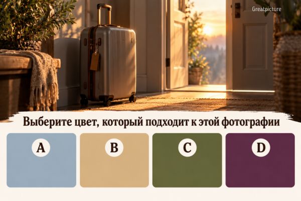 Чемодан у двери и четыре цвета для теста о новом этапе.