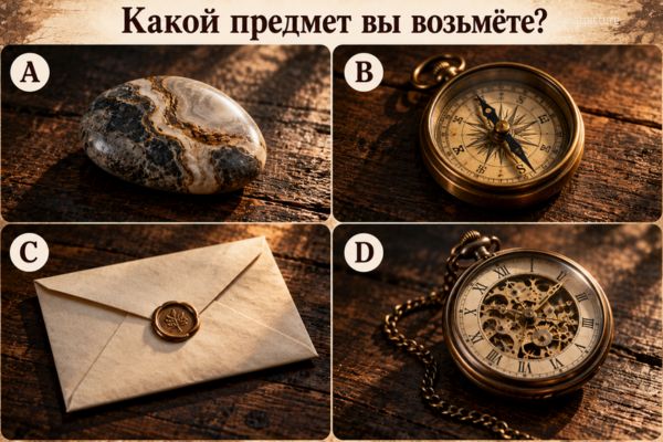 Камень, компас, конверт и часы