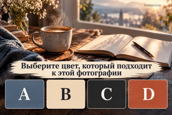Кофе и записная книжка с четырьмя цветами для психологического теста.