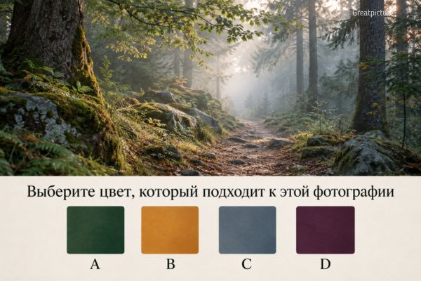 Лесная тропинка в тумане и четыре цвета для интуитивного теста.