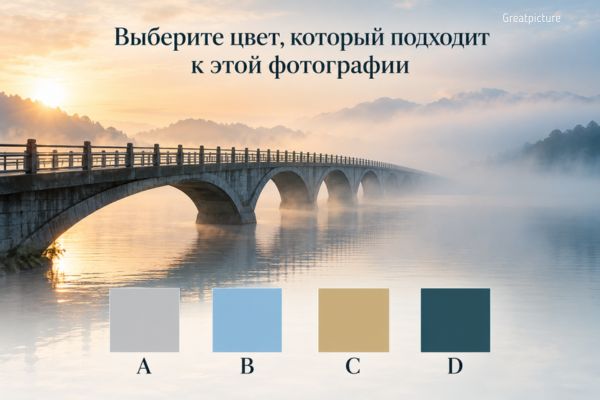 Мост в тумане над водой и четыре цвета для теста о переменах.