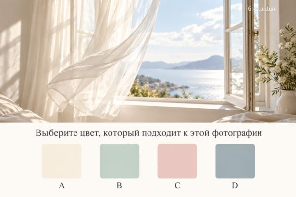 Открытое окно со шторой на ветру и четыре цвета для теста о переменах.