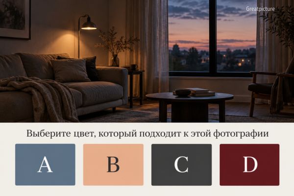Пустая комната после заката и четыре цвета для теста о чувствах.