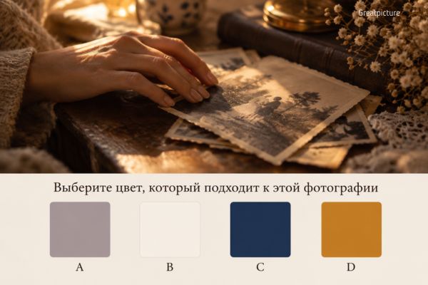 Рука касается старой фотографии и четыре цвета для психологического теста.