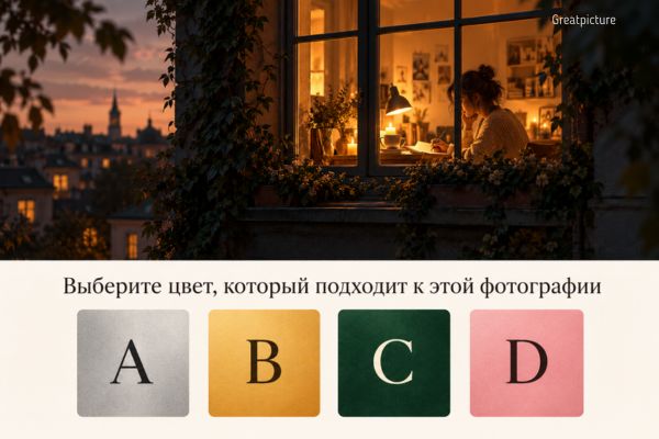 Свет в окне поздним вечером и четыре цвета для теста о скрытом таланте.