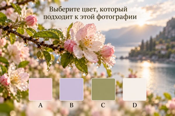 Цветущая ветка после дождя и четыре цвета для теста о будущем.